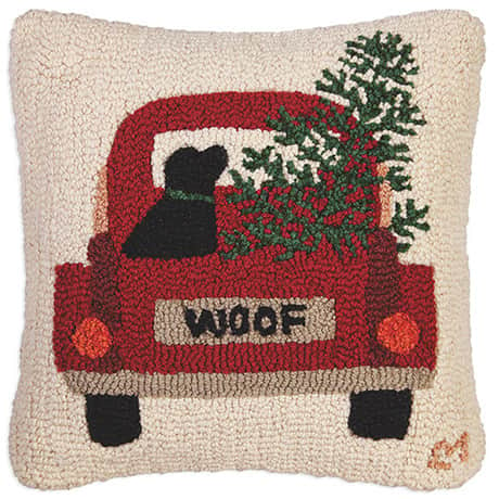 Christmas Black Lab In Car Hand Hooked Wool Dog Pillow 18" X 18"