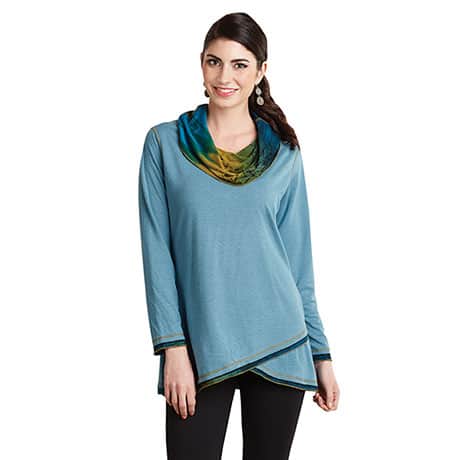 Cowl-Neck Crossover Tunic Top in Blue Watercolor Print for Women