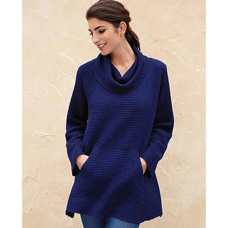 Waffle Cowl Neck Tunic Top with Long Sleeves & Kangaroo Pockets for Women