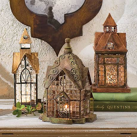 Glass and Metal Architectural Candle Lanterns - Set of 3