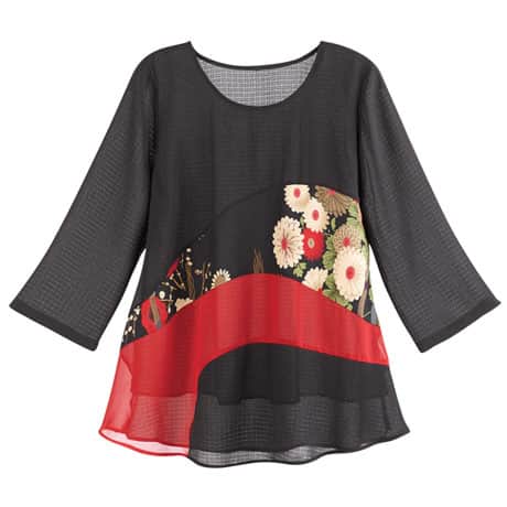 Women's Black & Red Asian Floral Tunic Top - Plus Sizes Available