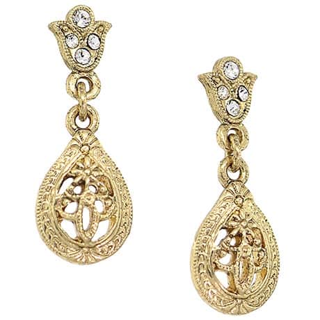 Downton Abbey Gold Tone Filigree Crystal Teardrop Earrings