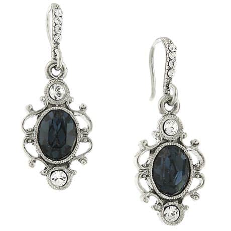 Downton Abbey Silver Tone Blue Sapphire Crystal Oval Drop Earrings