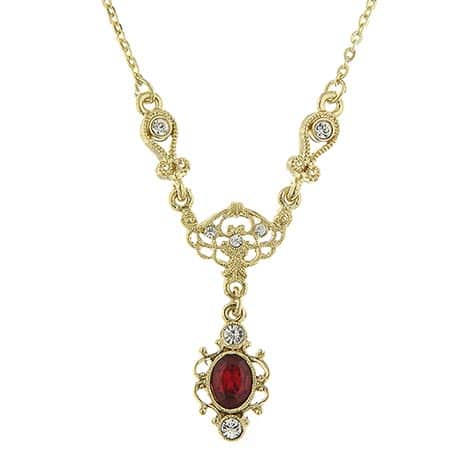 Downton Abbey Gold Tone Filigree and Ruby Crystal Drop Necklace