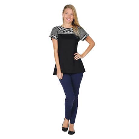Long Tunic Top - Geo Embroidered Short Sleeve Blouse