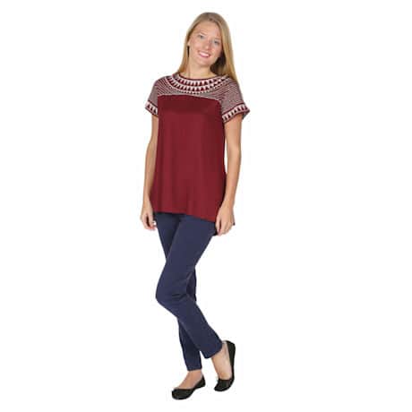Long Tunic Top - Geo Embroidered Short Sleeve Blouse