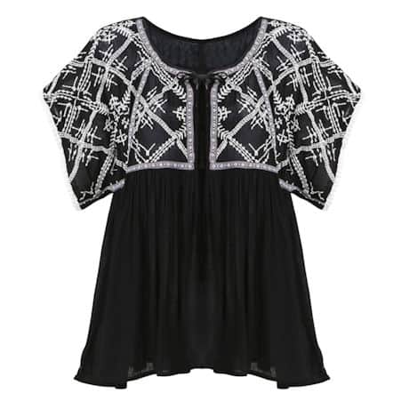 Tunic Top - Embroidered Bodice Lucille Lace-Tie Blouse