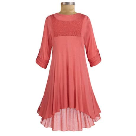 Womens 36in. Long Roll-Tab Sleeve Lace Coral Tunic - Plus Sizes