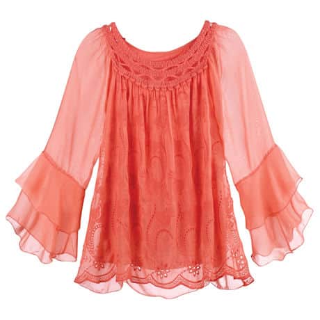 Coral Embroidered And Crocheted Tunic