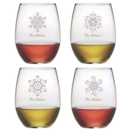 Personalized Snowflakes Stemless Wine Glasses and Slate Cheese Board Set