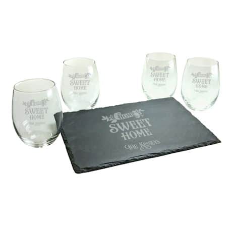 Personalized "Home Sweet Home" Stemless Wine Glasses and Slate Cheese Board Set