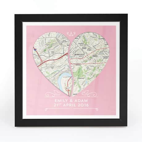 Personalized Joined Hearts Framed Map Print