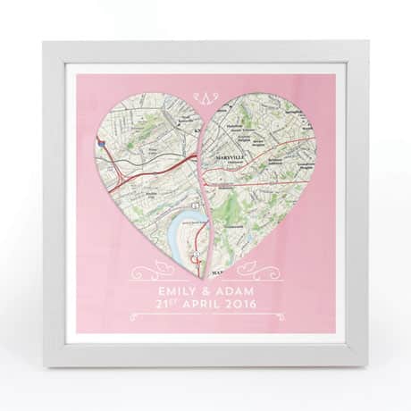 Personalized Joined Hearts Framed Map Print