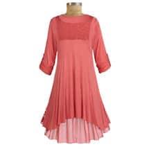 Alternate image Womens 36in. Long Roll-Tab Sleeve Lace Coral Tunic - Plus Sizes