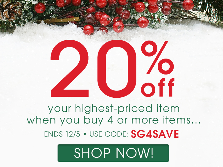 20% Off Highest Item, 4+ Items. Use code SG4SAVE. Shop New Arrivals!