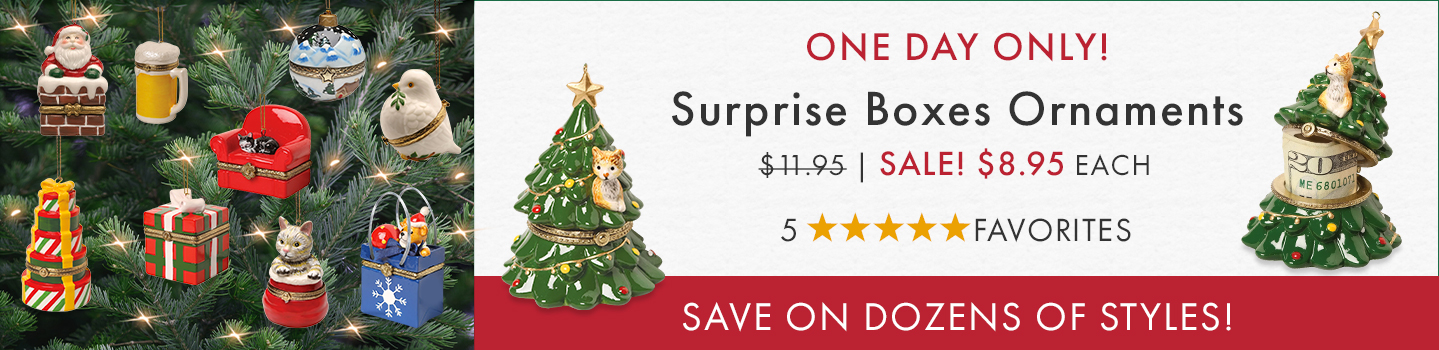 One Day Only! Surprise Boxes Ornaments for $8.95 Each. Exp 11/29/23.
