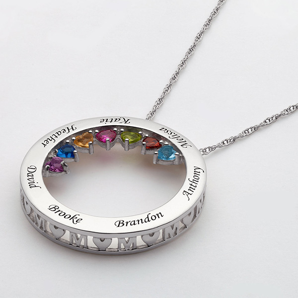 Product image for Personalized Sterling Silver MOM Name with Birthstones Circle Pendant