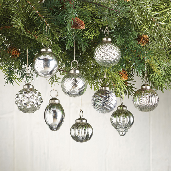 Silver Mercury Glass Ornaments - Set of 9.