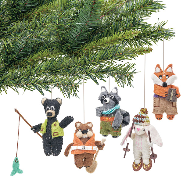 Felted Wool Woodland Camp Animal Ornaments - Set of 5.