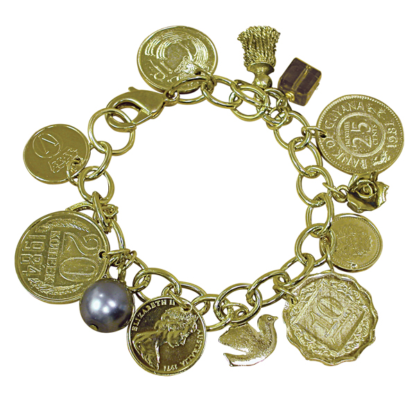 Product image for Gold-Layered Foreign Coins Charm Bracelet Coin Jewelry