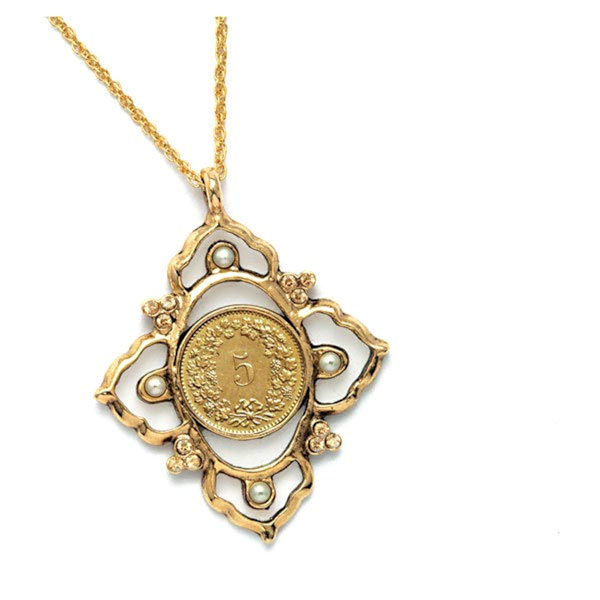 Product image for Victorian Inspired Swiss Coin Pendant With Glass Pearls