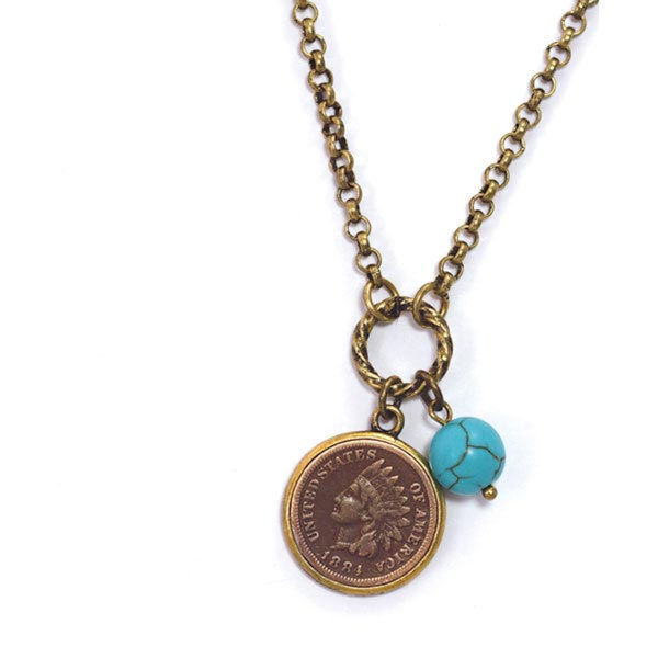 Product image for Indian Head Cent With Genuine Turquoise Bead Coppertone Pendant