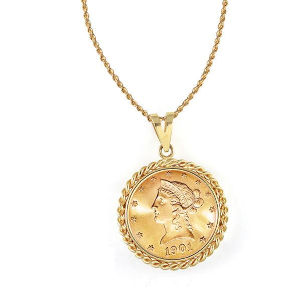 Product image for $10 Liberty Gold Piece Eagle Coin In 14K Gold Rope Bezel (18' - 14K Gold Rope Chain)