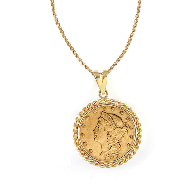 Product image for $20 Liberty Gold Piece Double Eagle Coin In 14K Gold Rope Bezel (18' - 14K Gold Rope Chain)