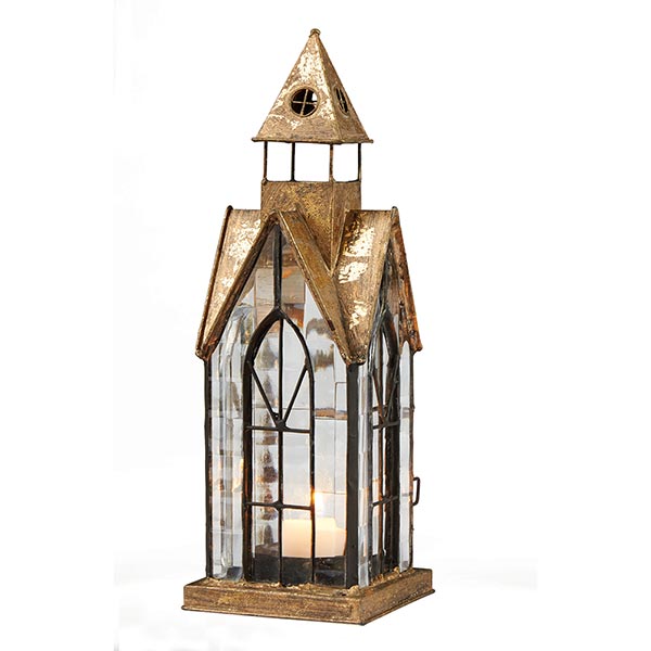 Product image for Glass Panel Candle Lantern Architectural Design in Metal Frame - Hampton House