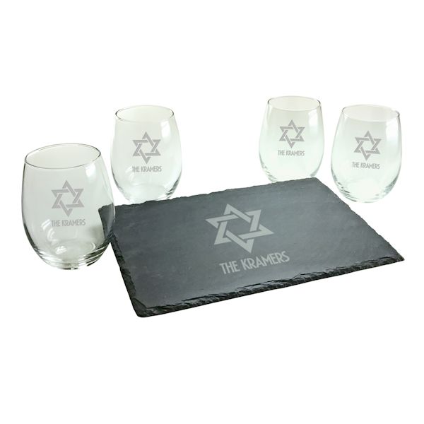 Product image for Personalized Star of David Stemless Wine Glasses and Slate Cheese Board Set