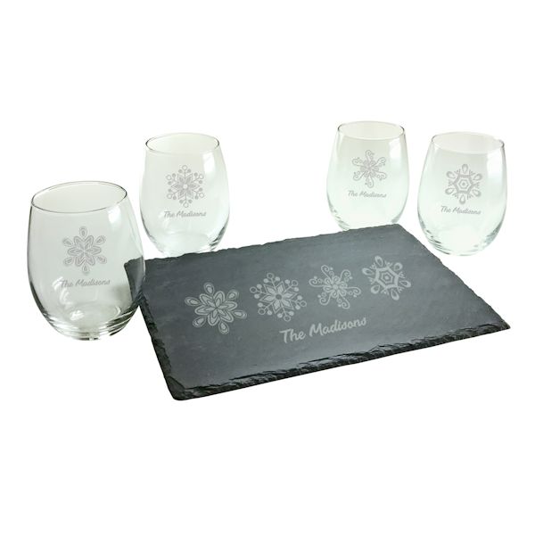 Product image for Personalized Snowflakes Stemless Wine Glasses and Slate Cheese Board Set
