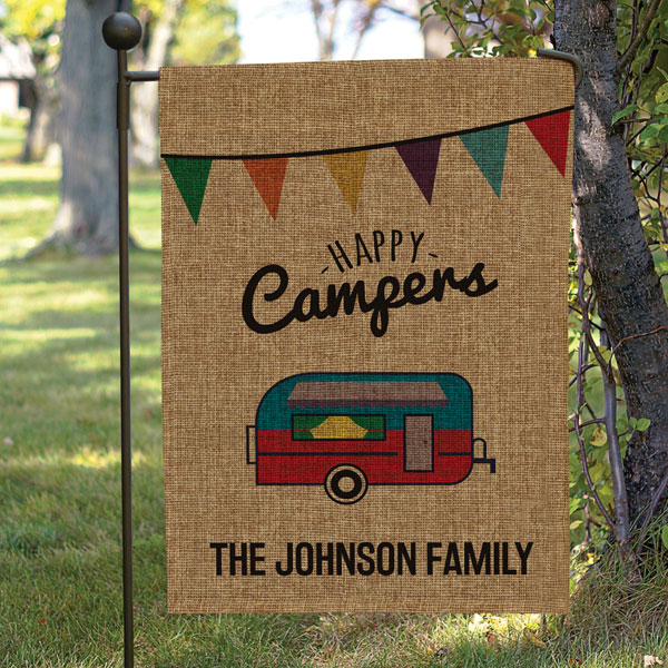 Product image for Personalized Happy Campers Burlap Garden Flag with Flag Pole
