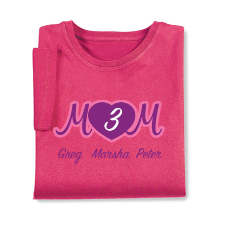 Personalized Mom's Pink Heart Cursive Number of Kids T-Shirt - Mother's Day Gift