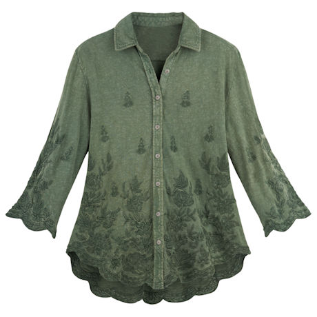 Scalloped Edge Embroidered Shirt-Green