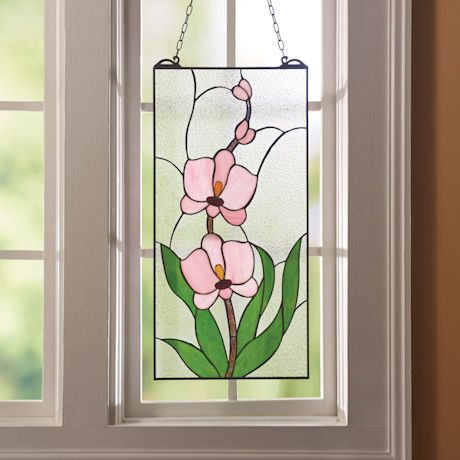 Pink Orchids Stained Glass Panel