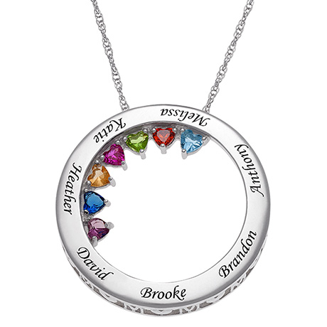 Personalized Sterling Silver MOM Name with Birthstones Circle Pendant