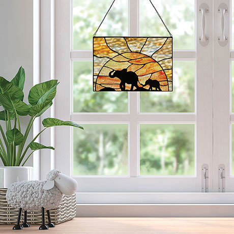 Elephants at Sunset Stained Glass Panel