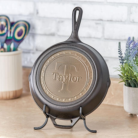 Personalized Dot Border Cast Iron Skillet with Easel