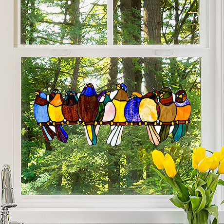 Birds on a Wire Stained Glass Hanging Panel