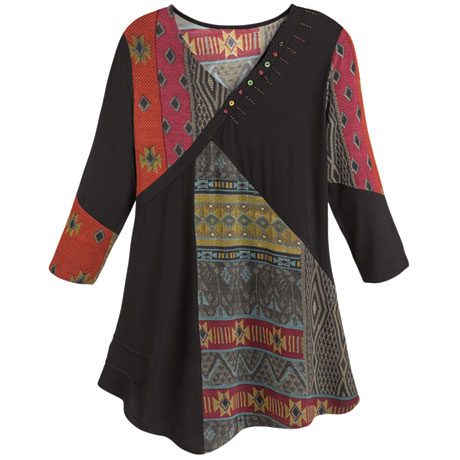 Red and Black Tapestry Patchwork Print Tunic Shirt