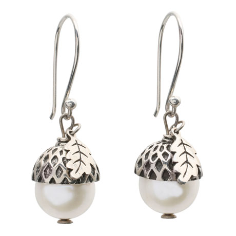 Sterling Silver and Pearl Acorn Earrings - White
