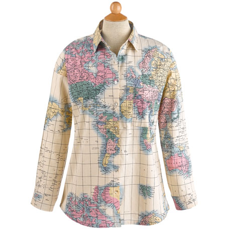 Women's World Map Button-Up Shirt