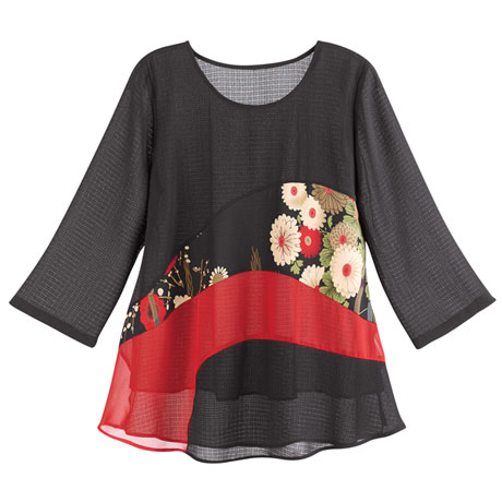 Product image for Women's Black & Red Asian Floral Tunic Top - Plus Sizes Available