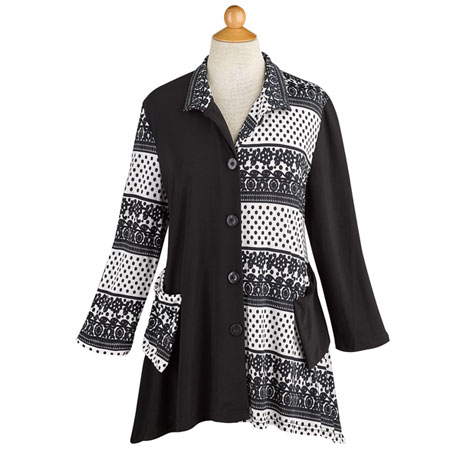 Black & White Button-Up Travel Tunic Top/Jacket with Pockets