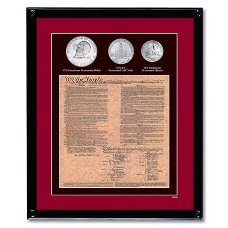 Framed U.S. Constitution With All 3 Bicentennial Coins