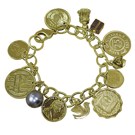 Gold-Layered Foreign Coins Charm Bracelet Coin Jewelry
