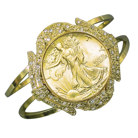 Product image for Gold-Layered Silver Walking Liberty Half Dollar Goldtone Coin Cuff Bracelet With Crystals Coin Jewelry