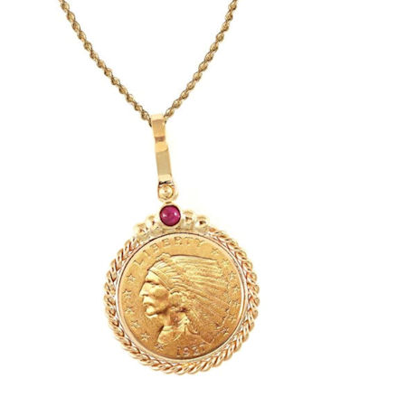 $2.50 Indian Head Gold Piece Quarter Eagle Coin In 14K Gold Twisted Rope Bezel W/Ruby (18' - 14K Gold Rope Chain)