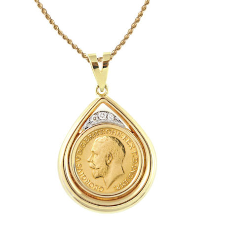 King George V Gold Sovereign Coin In 14K Gold Teardrop Pendant W/Diamonds (18' - 14K Gold Rope Chain)