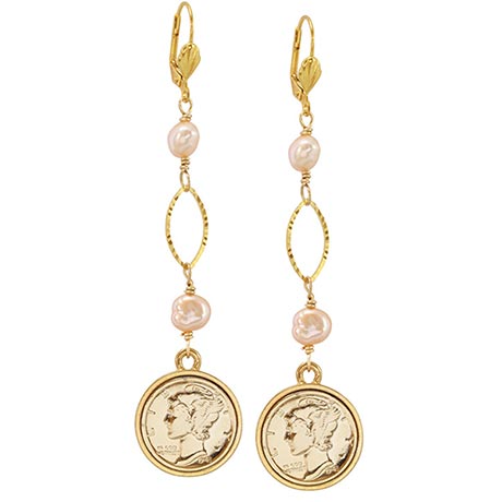 Product image for Gold Layered Silver Mercury Dime Pearl Earrings